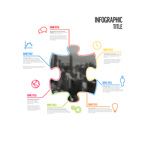 Vector puzzle Infographic report template made from lines and icons in the shape of puzzle piece with big photo placeholder in the middle. Puzzle infographic template