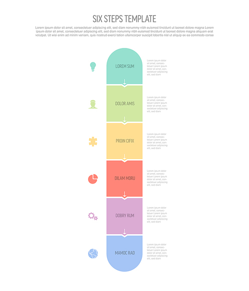 Six vector square flat vertical progress steps template with arrows and descriptions. Simple minimalistic progress procedure schema template with six pastel steps elements on white background