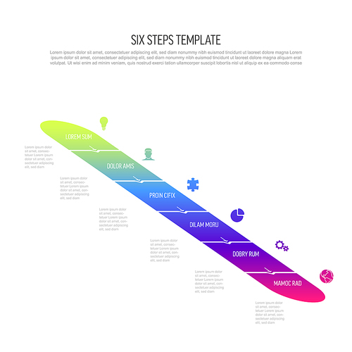 Six vector diagonal progress steps template with arrows and descriptions. Simple minimalistic progress procedure schema template with six steps elements in modern gradient on light background