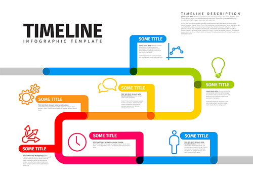 Vector Infographic timeline report template with thick lines and icons. Color infochart template for time line history path with various milestones