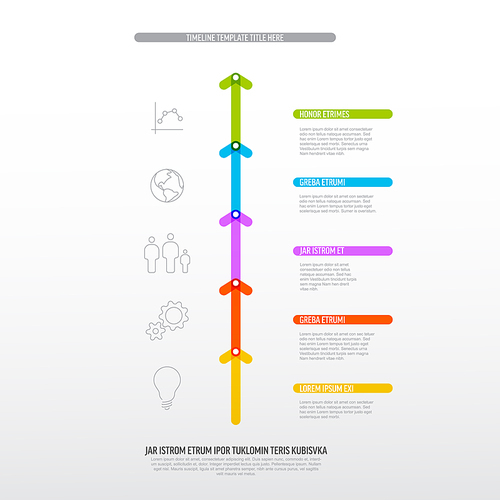 Vector vertical Infographic Company Milestones Timeline Template with colorful arrow and titles on the line. Rainbow color vertical time line template