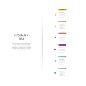 Light multipurpose Six vertical elements infographic with colored bookmarks and icons on white background. Minimalistic simple infograph with six sections and descriptions
