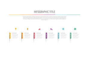 Light multipurpose Six elements infographic with colored bookmarks and icons on white background. Minimalistic simple infograph with six sections and descriptions