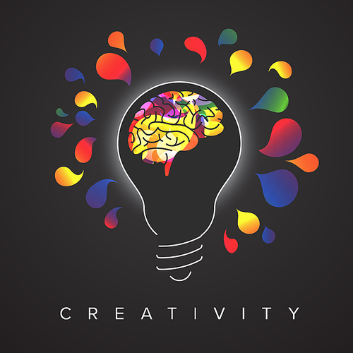 Thinking concept illustration with light bulb silhouette with colorful brain inside and light color spots around - dark version