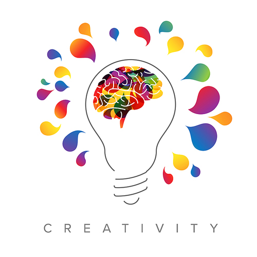 Thinking concept illustration with light bulb silhouette with colorful brain inside and light color spots around