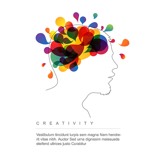 Creativity concept illustration template with brain made from colorful spots in the head silhouette