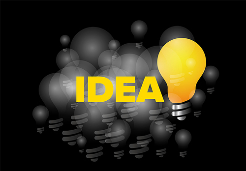 Great creative idea concept illustration - shining light bulb as an idea with lot of gray switched off bulbs in the darkness. Creative minimalist concept picture for idea thought made from simple light bulbs icons