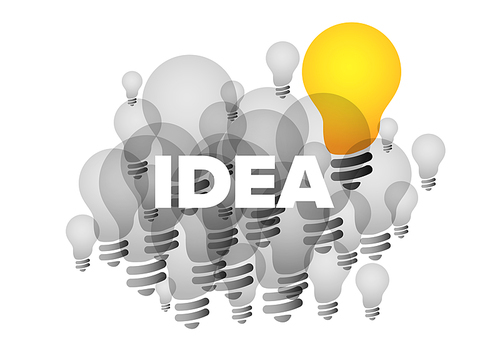 Great creative idea concept illustration - shining light bulb as an idea with lot of gray switched off bulbs. Creative minimalist concept picture for idea thought made from simple light bulbs icons