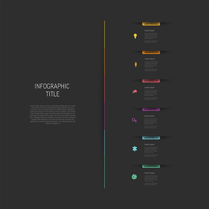 Dark multipurpose six vertical elements infographic with colored bookmarks and icons on black background. Minimalistic simple infograph with six sections and descriptions