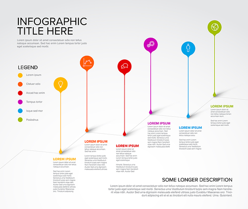 Colorful vector infographic timeline report template with  droplet bubbles pins on simple stairs - light version with six pins