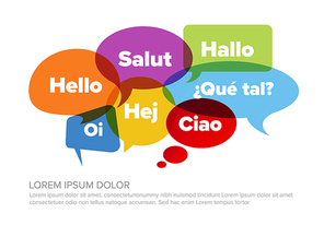 Concept illustration with comic book speech bubbles and greetings in different world languages. Image for promoting national languages in language school or translators services.