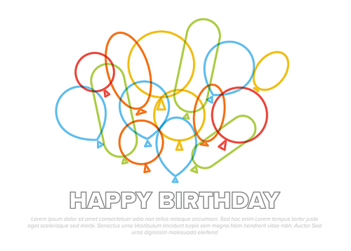 Happy birthday modern minimalist vector illustration design card template with color balloons on the white background. Birthday concept illustration for birthday present card with circle balloons