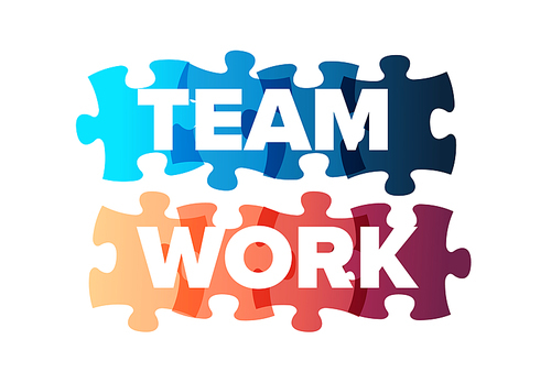 Teamwork lettering template made from puzzle pieces with team work text in the background. Teamwork concept illustration article header banner - blue red version