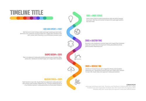 Vector Infographic Company Milestones curved vertical Timeline Template. Light thick marker time line template version with icons. Thick Color Timeline with curves, icons and text content