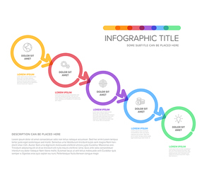 Vector process progress template diagram schema with five diagonal steps icons and descriptions. White circles on light background with color border frames and minimalistic arrow