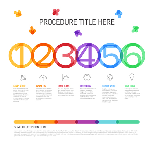Vector process progress template diagram schema - six horizontal circle steps with big numbers icons and descriptions. Vivid thick line  circles on white background