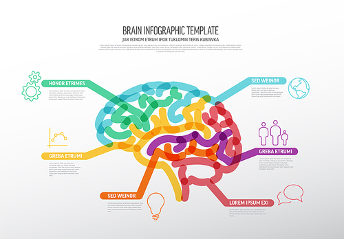 Multipurpose thick line infographic template with human brain and several elements. Vivid marker color infochart concept illustration with some element items