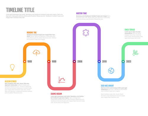 Vector Infographic Company Milestones curved Timeline Template. Light thick marker time line template version with icons. Thick Color Timeline with curves, icons and text content
