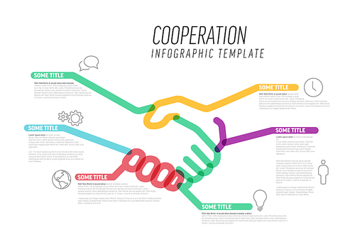 Vector Infographic cooperation report template made from thick color marker lines and icons with handshake. Business contract deal infographic template