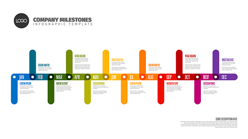 Full year timeline template with all months on a horizontal time line made from thick marker color lines with icons, months days and descriptions