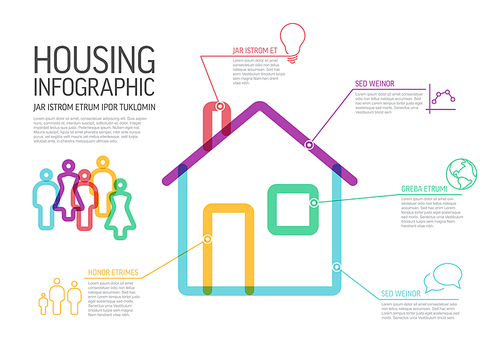 Thick line housing infographic template on white background for real estate agency, energy suppliers or other companies. Colorful home building selling illustration template