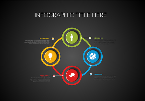 Vector multipurpose Infographic template with four elements options on a color cycle and modern colors on a white background, each infographic with icons on dark background