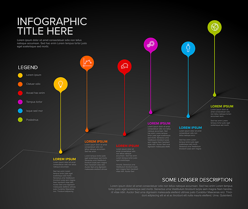 Colorful vector infographic timeline report template with  droplet bubbles pins on simple stairs - dark version with six fresh color pins on black background