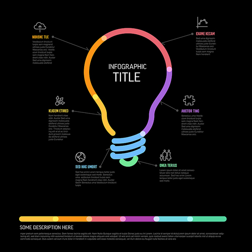 Thick line idea infographic template - dark bulb icon with some content, description and six elements with icons on black background