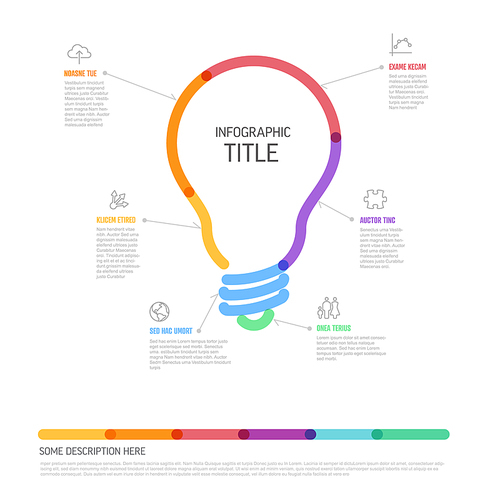 Thick line idea infographic template - light bulb icon with some content, description and six elements with icons