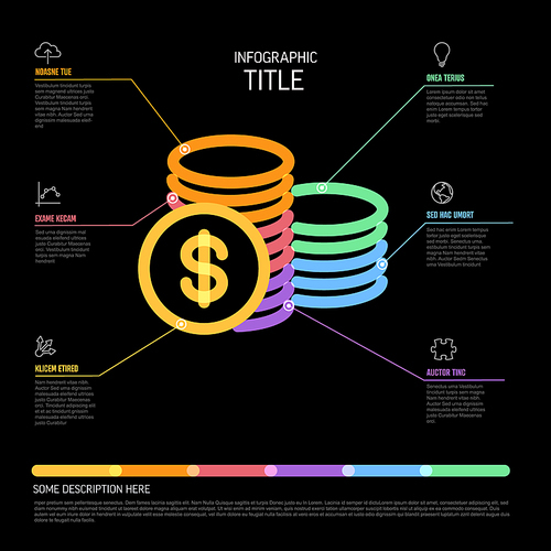 Vector dark Infographic  template with dollar coins icon drawn by vivid thick marker. Money commerce finance funding infographic template on black background