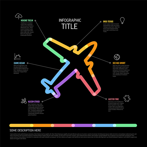 Infographic dark transport report template made from thick fresh color marker lines and icons with airplane - black background version
