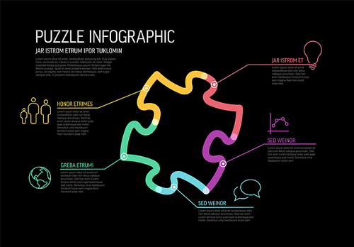 Vector puzzle Infographic report template made from thick marker lines and icons in the shape of puzzle piece with icons and descriptions on black background