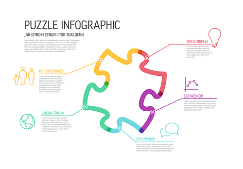 Vector puzzle Infographic report template made from thick marker lines and icons in the shape of puzzle piece with icons and descriptions