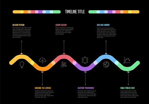 Vector Dark Infographic Company Milestones curved horizontal Timeline Template. Thick marker time line template version with icons. Thick Color Timeline with curves, icons and text content