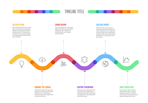 Vector Infographic Company Milestones curved horizontal Timeline Template. Light thick marker time line template version with icons. Thick Color Timeline with curves, icons and text content