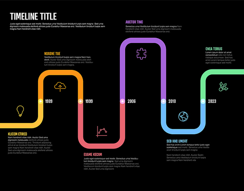 Vector Infographic Company Milestones curved Timeline Template. Dark thick marker time line template version with icons. Thick Color Timeline with curves, icons and text content