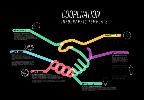 Vector Infographic cooperation report template made from thick color marker lines and icons with handshake. Business contract deal infographic template on dark background