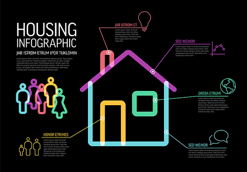 Thick line housing infographic template on black background for real estate agency, energy suppliers or other companies. Colorful home building selling illustration template on black background