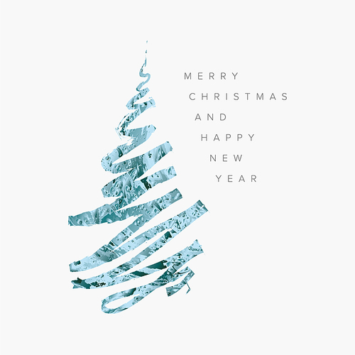 White trendy simple christmas card template with minimalistic christmas tree made from blue metallic  brush doodle stroke and place for your text. Simple christmas card