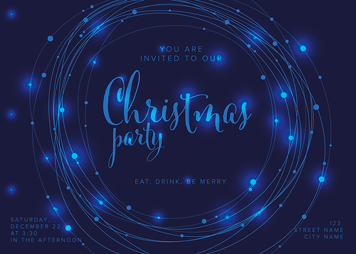 Vector Christmas party invitation  A4 template with blu light chains in the circle and place for Christmas party text information