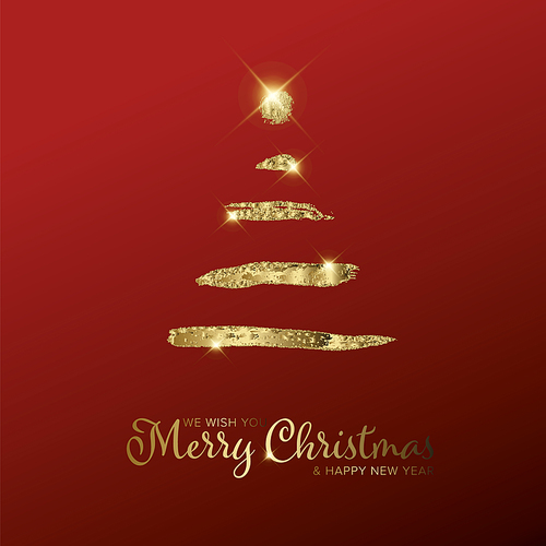 Dark red trendy simple christmas card template with minimalistic christmas tree made from golden brush strokes and place for your text. Simple christmas card