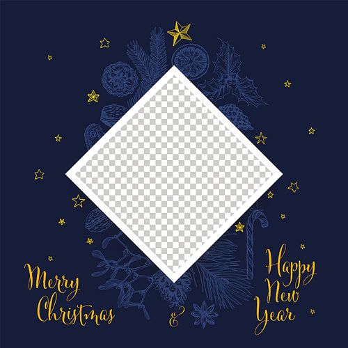 Vintage vector hand drawn Christmas card with family photo placeholder - customizable editable family christmas card layout template - blue version with yellow elements