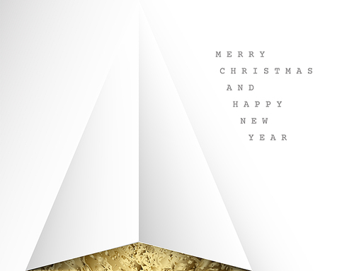 Vector white Merry Christmas card with a triangle christmas tree folded from the paper with golden background and sample text