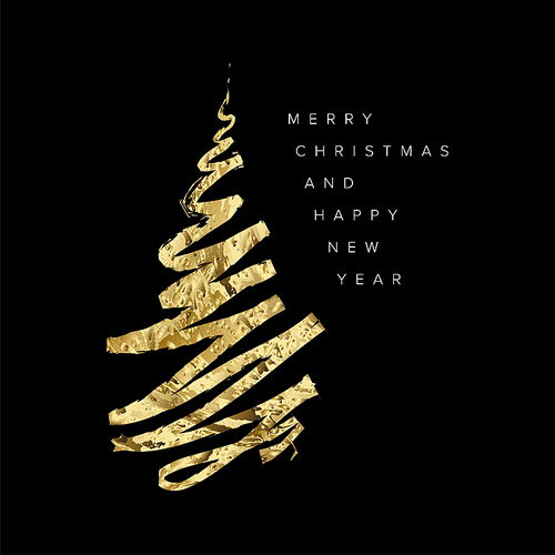 Dark trendy simple christmas card template with minimalistic christmas tree made from golden brush doodle stroke and place for your text. Simple christmas card