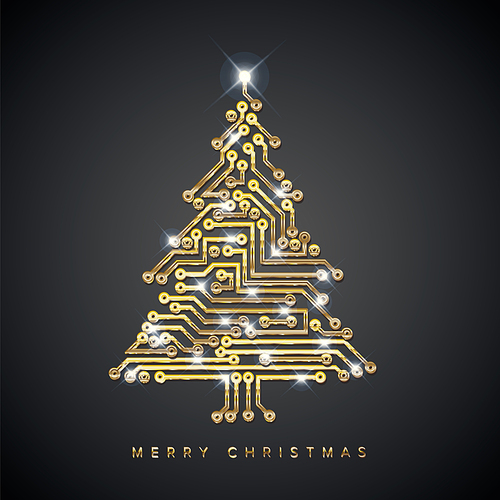 Vector christmas card template with christmas tree made from digital golden electronic circuit on dark gray background with white lights.Computer futuristic christmas card