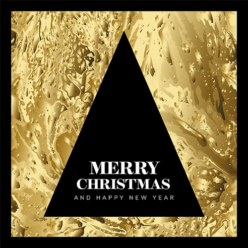 Vector dark modern simple trendy premium golden christmas card with abstract triangle christmas tree and minimalistic simple lettering. Metallic golden trendy happy new year card layout.