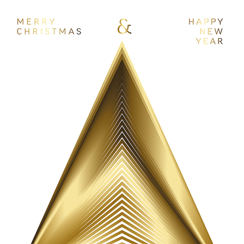 Vector light modern simple trendy christmas card with abstract golden triangle geometry christmas tree made from golden lines and minimalistic simple lettering.