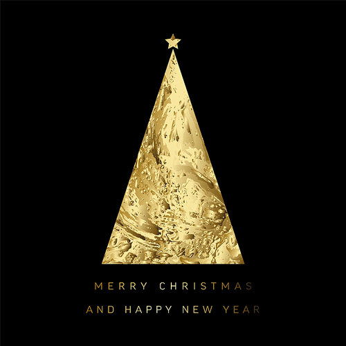 Vector black modern simple trendy christmas card with abstract golden triangle christmas tree and minimalistic simple lettering. Metallic golden trendy happy new year card layout.