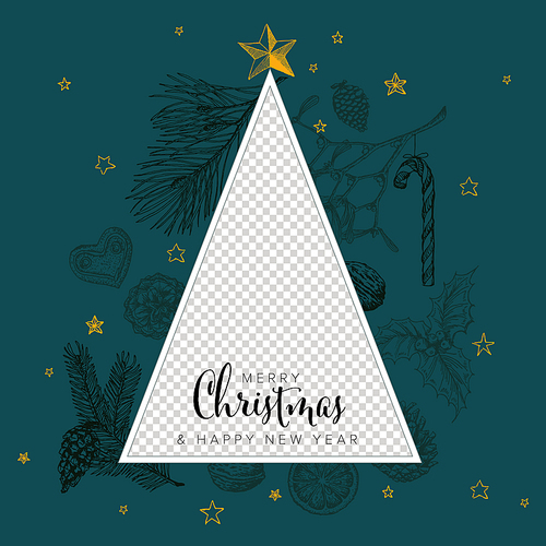 Vintage vector hand drawn Christmas card with family photo placeholder - customizable editable family christmas card layout template - dark blue version with triangle and dark elements