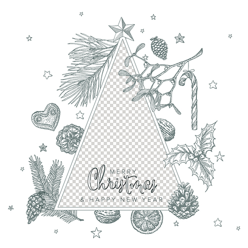 Vintage vector hand drawn Christmas card with family photo placeholder - customizable editable family christmas card layout template - white version with triangle and gray elements